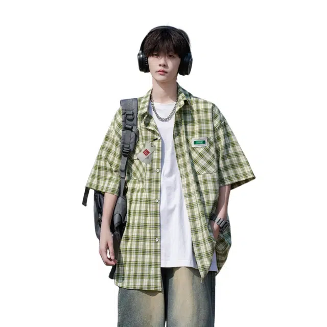 北极绒 男夏季日系宽松休闲格子百搭高级感上衣衬衫 男款