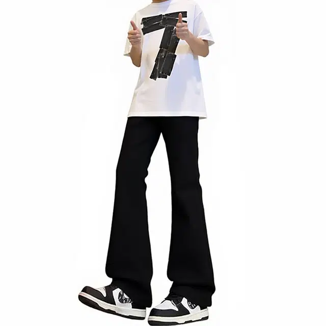 物质公式 质感重工弯刀裤美式复古高街无性别纯色基础款水洗做旧直筒阔腿垂感潮流百搭宽松透气显高显瘦日常通勤废土风微喇牛仔裤 男女同款