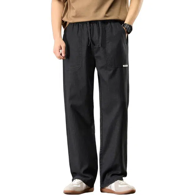 协协乐 高端亚麻夏季薄款凉感透气伞兵工装冰丝速干美式潮牌宽松直筒拖地百搭运动长裤休闲裤 男款