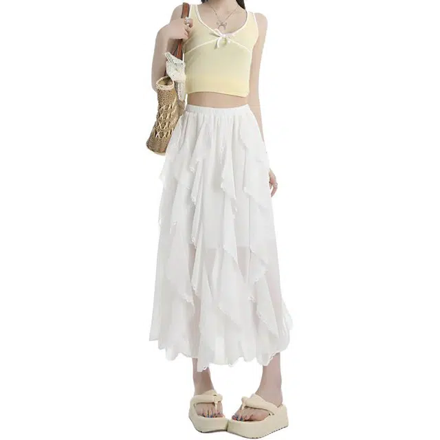 如续 法式不规则蕾丝拼接半身裙甜美仙气荷叶边蛋糕 休闲长裙 女款