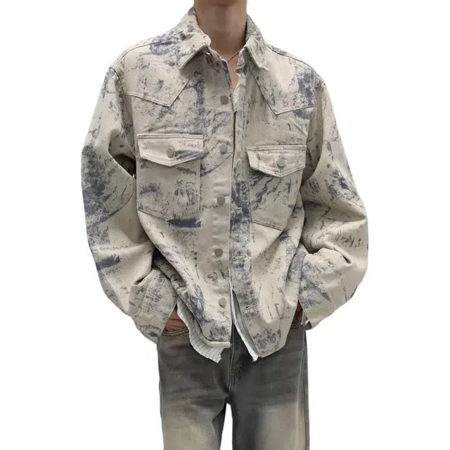 满印撞色扎染涂鸦美式复古工装风高级感户外通勤牛仔外套 男女同款