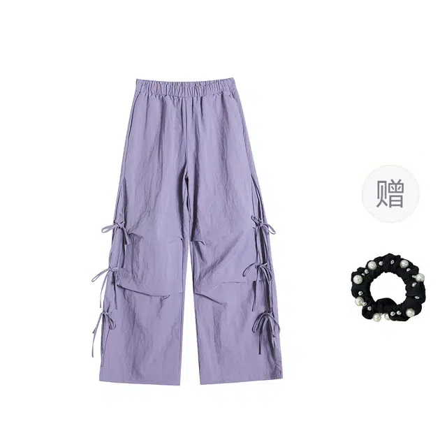 雾闪闪 松紧腰蝴蝶结系带工装裤女高腰直筒薄款阔腿裤子 休闲裤 女款