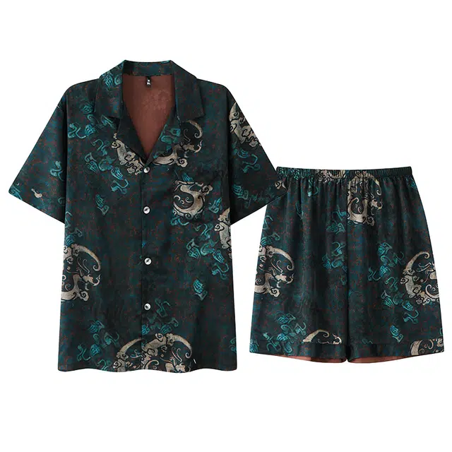 夏芬妍 高级感轻奢复古祥云印花冰雪丝翻领舒适家居服休闲短袖短裤凉感时尚可外穿夏季睡衣套装 男款