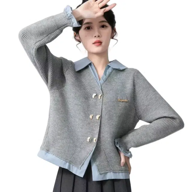 欧阳喜 假两件学院风拼接开衫外套短款长袖针织衫 女款