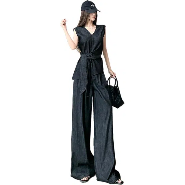 沐晓欣 法式收腰气质大码胖系带衬衫无袖显瘦阔腿长裤休闲套装 女款