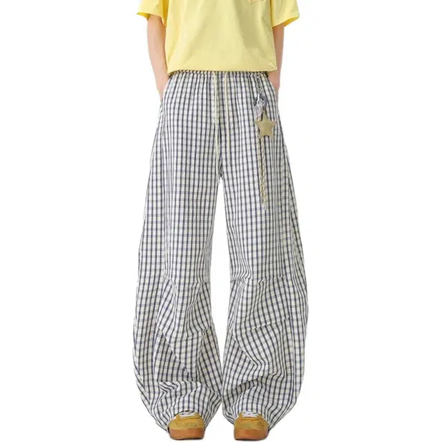 柏黛妃 美式小众星星挂饰格子伞兵宽松垂感慵懒风直筒长裤工装裤 女款