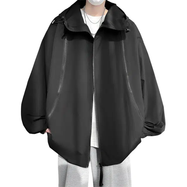 半空山 半空山美式复古高街纯色基础款拉链拼接高级设计感三防山系户外立领连帽飞行员冲锋夹克 男女同款