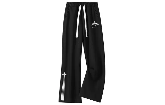 加菲猫家族 休闲宽松纯色简约飞机字母印花基础款日常出勤百搭时尚卫裤美式高街松紧腰系带抽绳阔腿垂感显高针织运动裤 男女同款