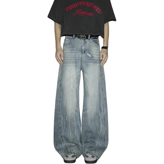 帝狼牛  美式复古做旧破洞设计弯刀宽松百搭阔腿潮牌牛仔裤 男女同款