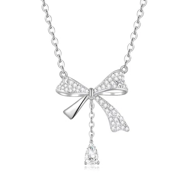 京华录 【幸运】灵动蝴蝶结镂空满锆蝴蝶结流苏锁骨链吊坠小众设计甜美出游约会百搭配饰女生纯银颈链告白礼盒#好运 锆石 足银项链 女款