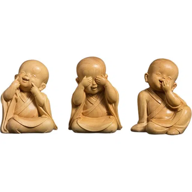 得笙陌 潇洒自在三不小和尚木雕小沙弥可爱车摆小饰品 黄杨木 摆件 男女同款情侣款