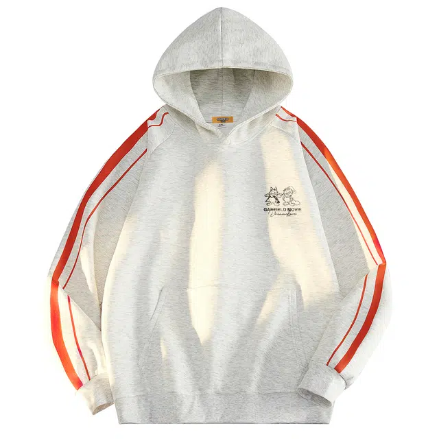 加菲猫家族 美式无性别套头卡通帽衫复古落肩品牌字母印花休闲高街两条杠条纹长袖上衣潮流百搭亲肤舒适透气宽松连帽卫衣 男女同款