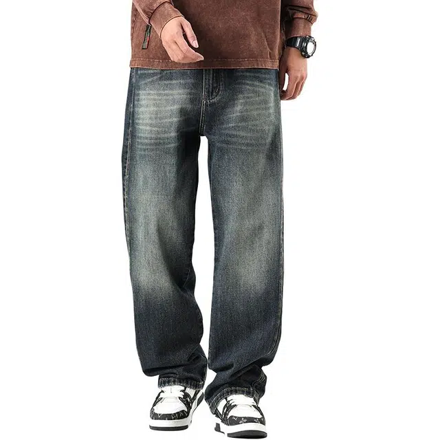 帝狼牛 高端水洗百搭薄款简约潮流宽松直筒中腰日常通勤牛仔裤 男女同款