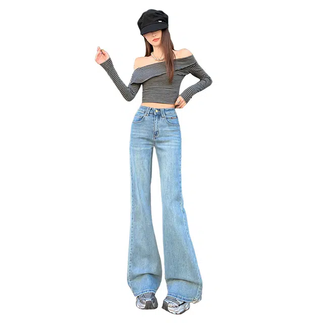 拾籍 简约时尚百搭舒适美式高腰显瘦修身弹力微喇叭牛仔裤 女款