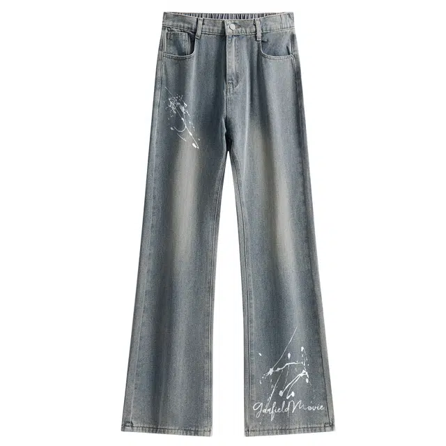 加菲猫家族 废土风弯刀重工水洗做旧窄版设计美式复古品牌字母泼墨印花微喇垂感显高小众百搭休闲通勤日常修身牛仔裤 男女同款
