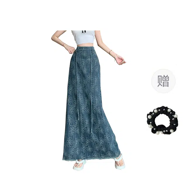 雾闪闪 休闲时尚刺绣半裙小众后开叉复古优雅配腰绳牛仔长裙 女款