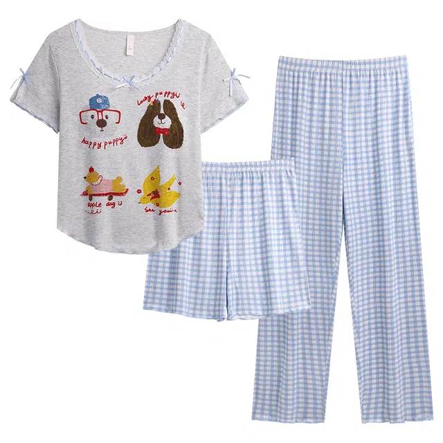 顶瓜瓜 夏季女透气舒适亲肤面料简约设计三件套家居服睡衣套装 女款