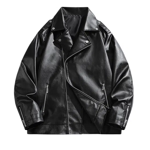 快鱼 美式复古创意拉链斜门襟外套港风街头痞帅高级感机车风夹克纯色韩版皮衣 男女同款