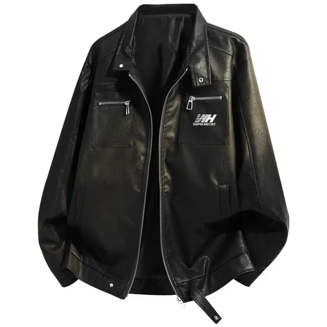 吾皇猫 高街美式复古嘻哈英伦学院风潮流设计感胸前拉链口袋百搭休闲宽松机能风落肩翻领防风防水机车服外套潮牌工装皮衣 男女同款