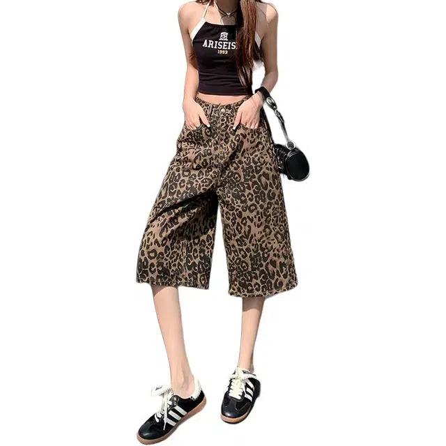如续 美式复古豹纹阔腿百搭休闲女宽松七分裤牛仔短裤 女款