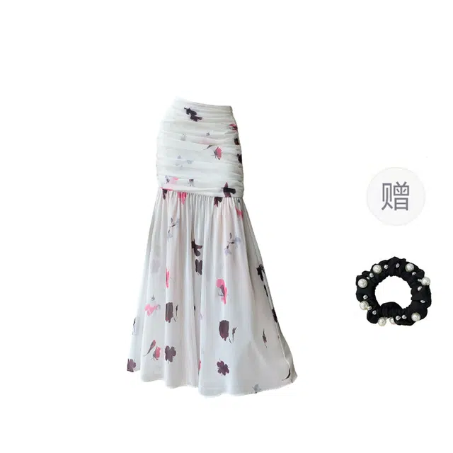 雾闪闪 小众印花半身裙时尚高级设计感气质甜美包臀鱼尾裙 休闲长裙 女款