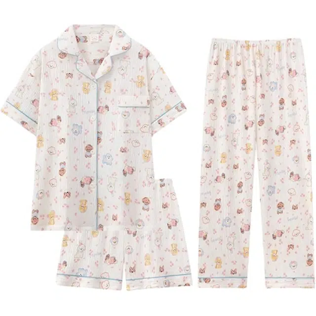 顶瓜瓜 夏季女透气舒适亲肤短袖三件套家居服睡衣套装 女款