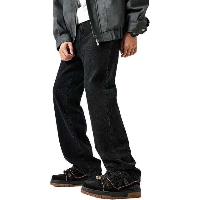 帝狼牛 美式休闲百搭宽松阔腿直筒水洗波浪纹路小众设计高街牛仔裤 男女同款