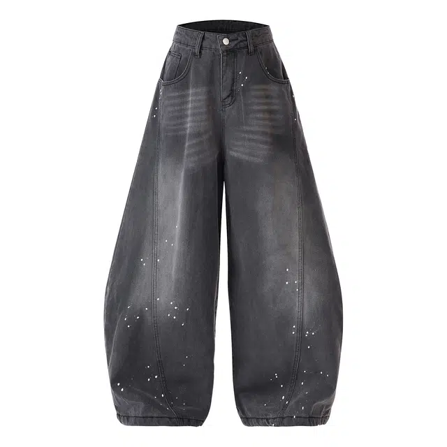 欧路得 欧路得 美式复古高街水洗黑男女秋季泼墨设计感宽松解构阔腿休闲裤牛仔裤 男款