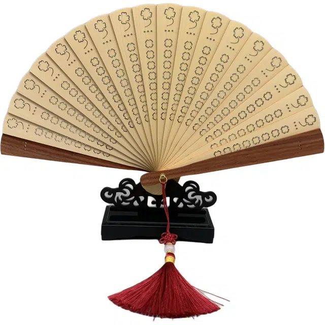 得笙陌 四叶草苏扇国潮新中式复古文艺范手持折扇 黄杨木 扇子 男女同款情侣款