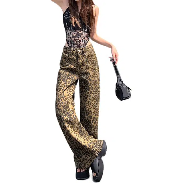 如续 美式复古辣妹豹纹阔腿百搭休闲女宽松 牛仔裤 女款