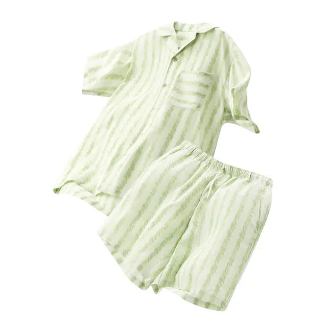 顶瓜瓜 棉质短袖短裤翻领开衫清新条纹两件套家居服夏季睡衣套装 女款
