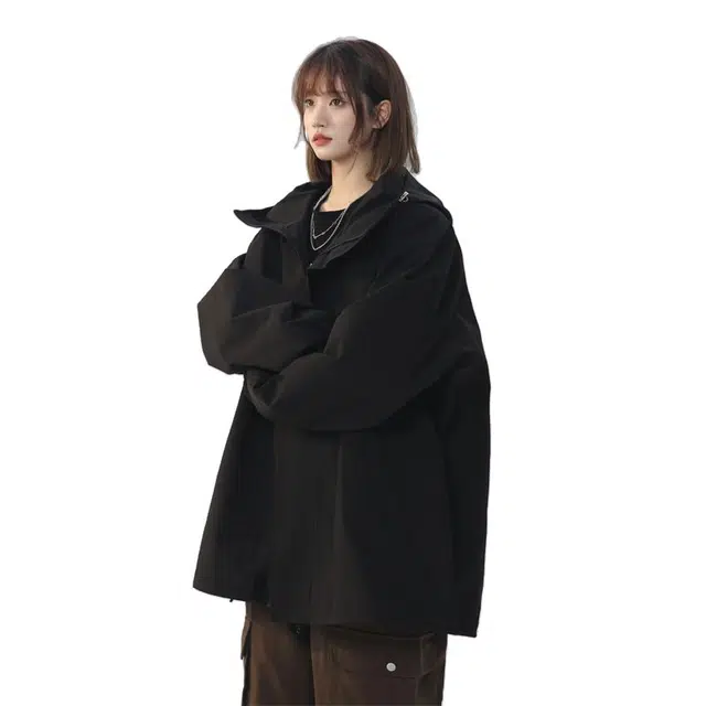 半空山 美式复古黑武士休闲基础款纯色高街设计感气质穿搭旅游伴侣时尚夹克 男女同款