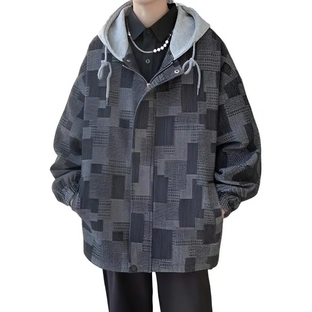 半空山 半空山美式复古高街潮牌格子拼接街头连帽撞色棋盘时尚百搭宽松舒适工装夹克卫衣 男女同款