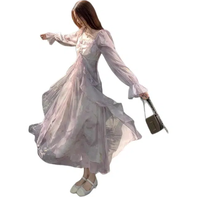 邓大喵 晕染仙气烫金荷叶边春长袖连衣裙 女款