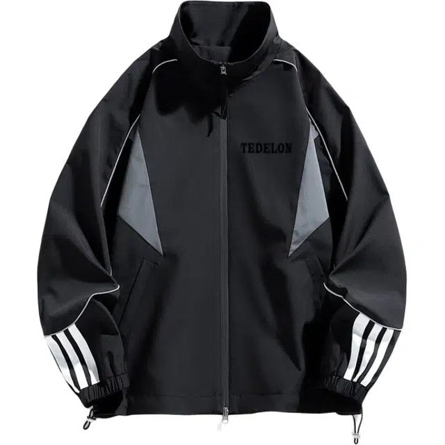 太子龍 美式复古高街条纹宽松廓版抽绳下摆户外运动立领插肩袖防风防水登山服青少年外套夹克 男女同款