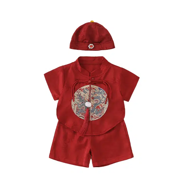 帕兰朵连体衣 婴儿衣服夏装中国风刺绣分体套装男女宝喜庆唐装满月百天周岁礼服 三件套