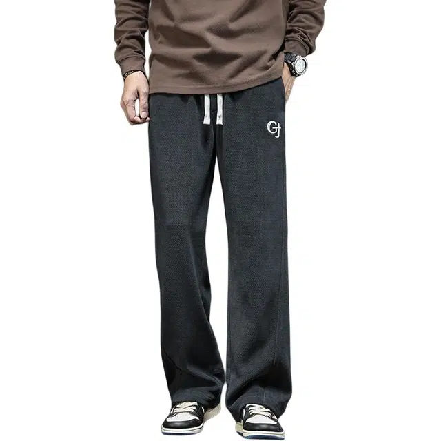 潮人榜 复古重磅百搭直筒字母刺绣卫裤男士裤子春秋季宽松阔腿休闲裤 男女同款