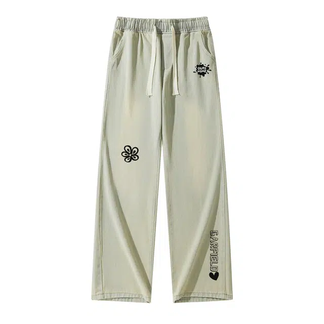 加菲猫家族 美式潮流加菲猫手绘字母趣味印花时尚高街学生党长裤日常出行通勤户外百搭休闲水洗做旧宽松显高显瘦直筒阔腿牛仔裤 男女同款