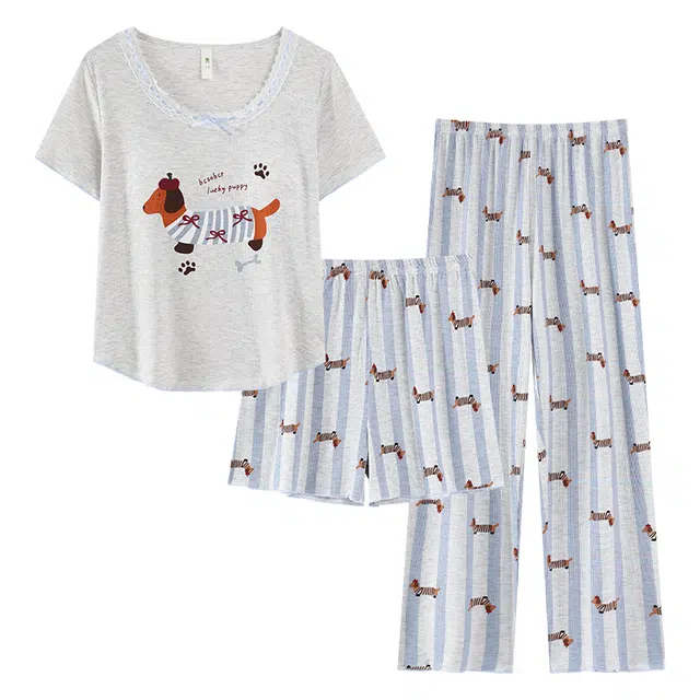 顶瓜瓜 夏季女柔软透气舒适亲肤面料简约设计三件套家居服睡衣套装 女款