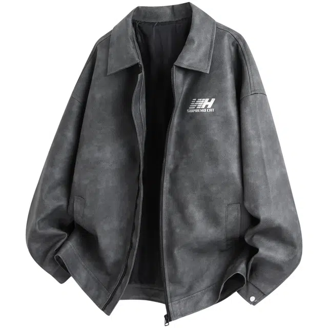 吾皇猫 高街美式复古英伦学院风休闲宽松百搭简约机能风外套潮牌潮流港风户外防水机车皮夹克飞行员防风皮衣 男女同款