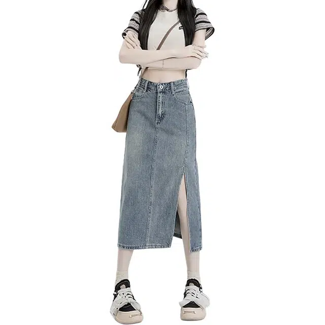 如续 高腰百搭做旧时尚中长款开叉休闲长裙 女款