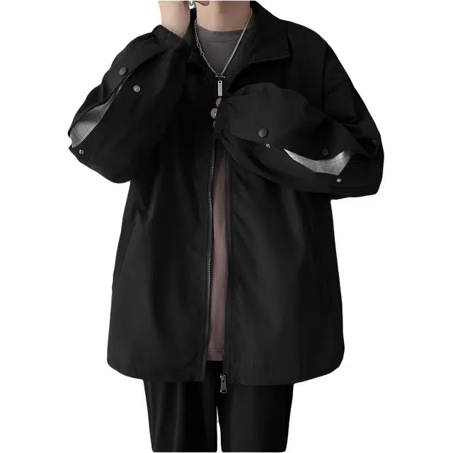 半空山 半空山美式复古高街纯色基础款简约侧边拼接可开纽扣立领山系户外时尚百搭宽松舒适飞行员冲锋夹克 男女同款