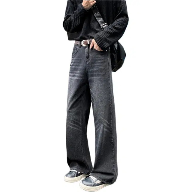 颂希尔 美式复古水洗做旧长裤子潮牌高街宽松直筒牛仔裤 男女同款