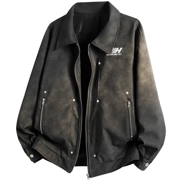 吾皇猫 美式高街复古嘻哈英伦风潮流设计感铆钉简约百搭休闲无性别穿搭宽松防风防水机车服时尚皮衣 男女同款