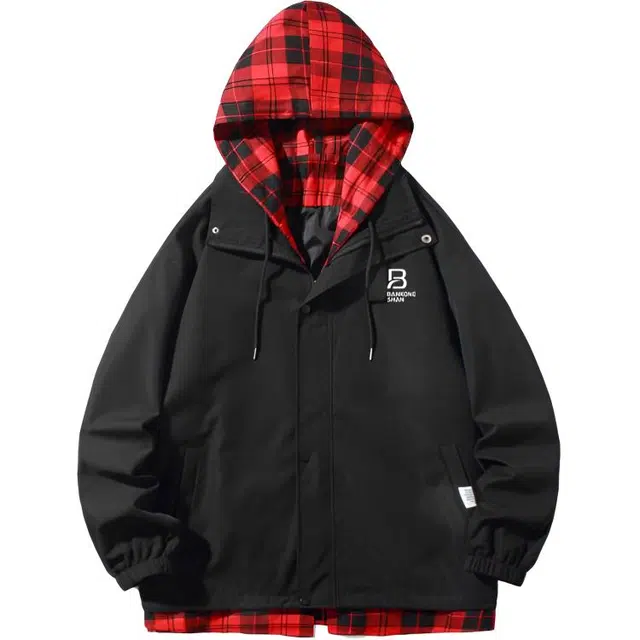 半空山 半空山美式复古高街格子撞色连帽拉链袖口松紧设计三防假两件街头痞帅学院风夹克卫衣 男女同款