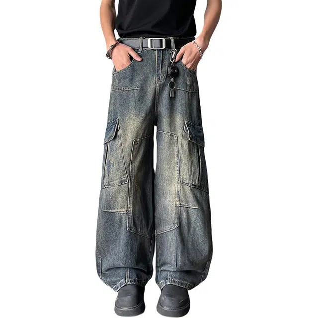 帝狼牛  美式复古拼接水洗做旧侧边大口袋高级感宽松休闲直筒阔腿时尚百搭牛仔裤 男女同款