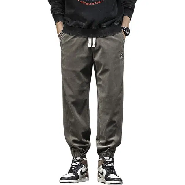 潮人榜 美式复古雪尼尔卫裤男士春秋潮牌宽松弹力束脚裤休闲裤 男款