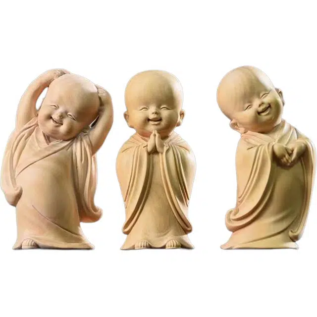 得笙陌 呆萌可爱小沙弥木雕工艺品车摆小饰品 黄杨木 摆件 男女同款情侣款