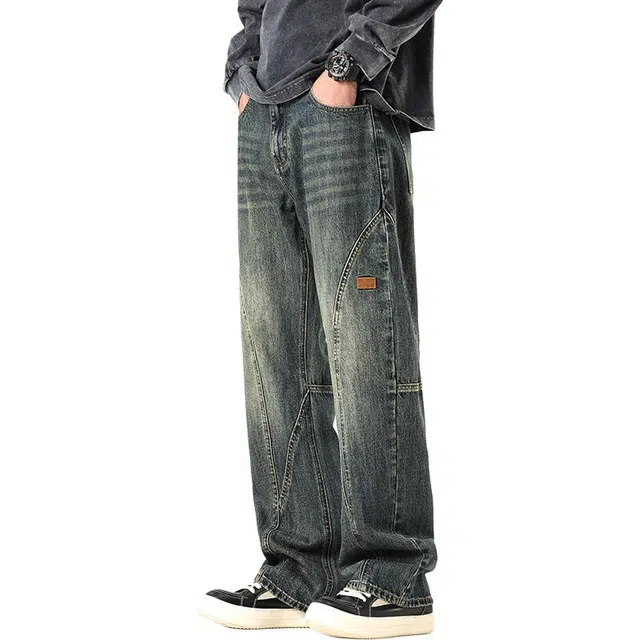 帝狼牛 美式街头做旧水洗拼接设计感休闲潮流百搭牛仔裤 男女同款