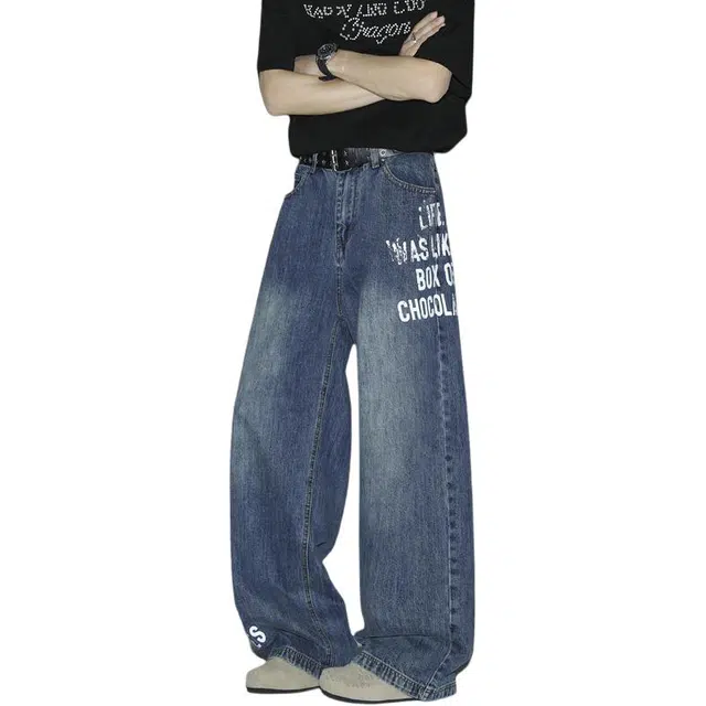 帝狼牛 美式复古时尚百搭舒适印花阔腿潮流宽松休闲牛仔裤 男女同款